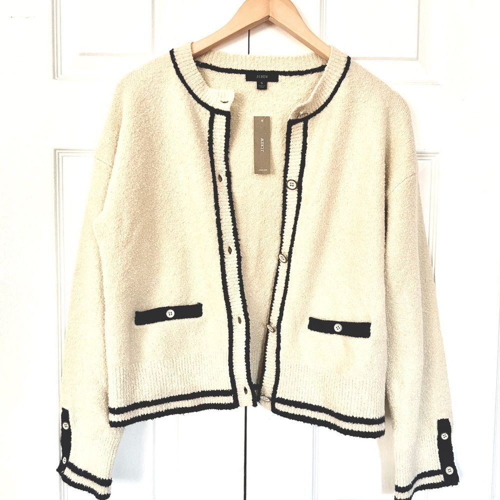 J. Crew Cotton Bouclé Cardigan Sweater Ivory Navy Trim Size S • NEW WITH TAGS • - Picture 6 of 11
